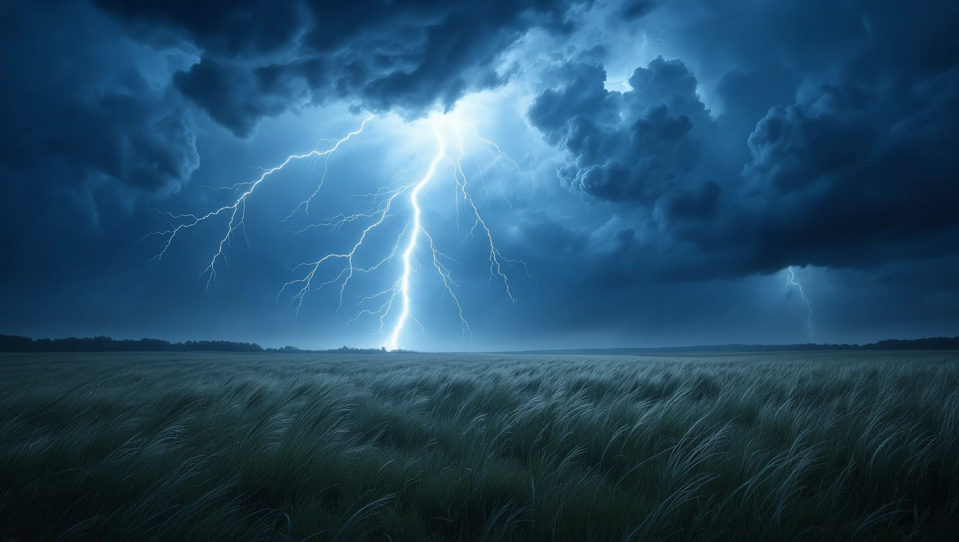 Ein dramatischer Sturm mit blauen Wolken und Blitzen über einem Feld.