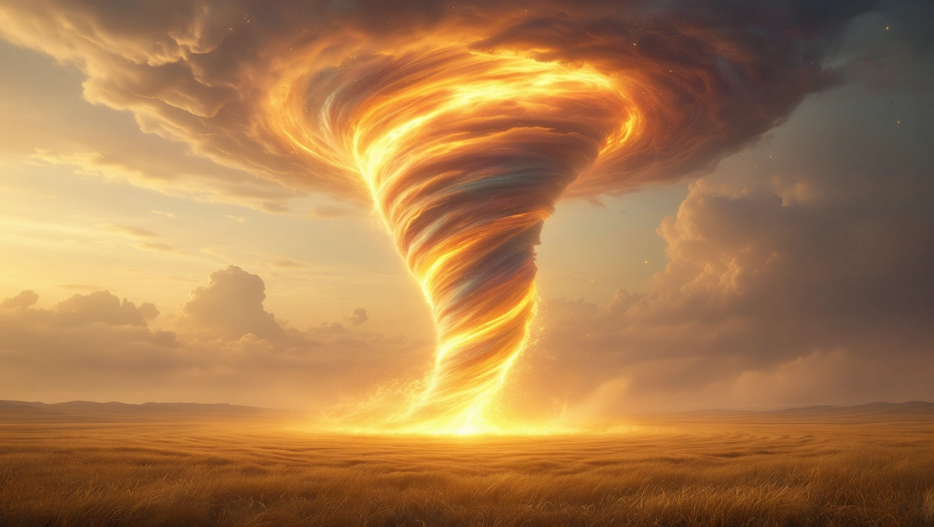 Ein leuchtender Tornado erhebt sich über einem goldenen Feld unter dramatischen Wolken.