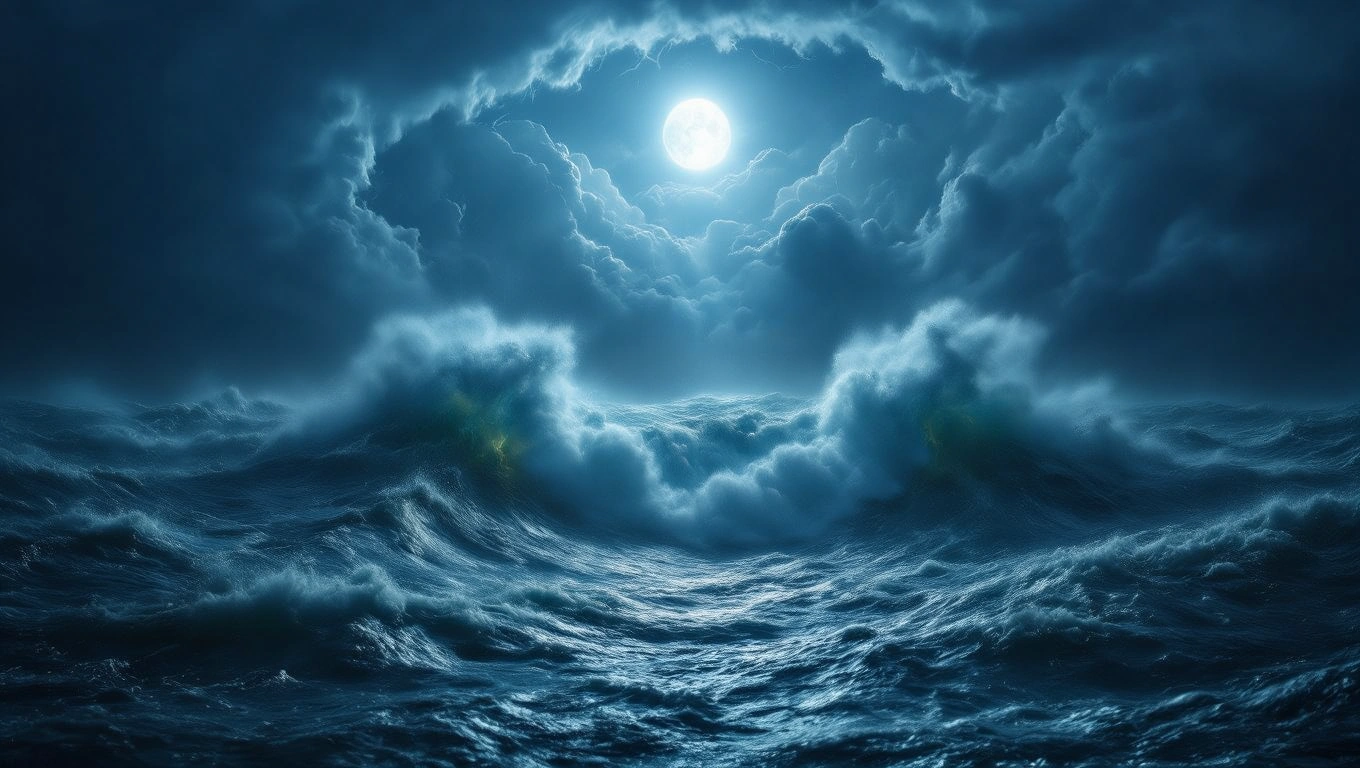 Dunkle Wolken und hohe Wellen unter dem Licht des Vollmonds.