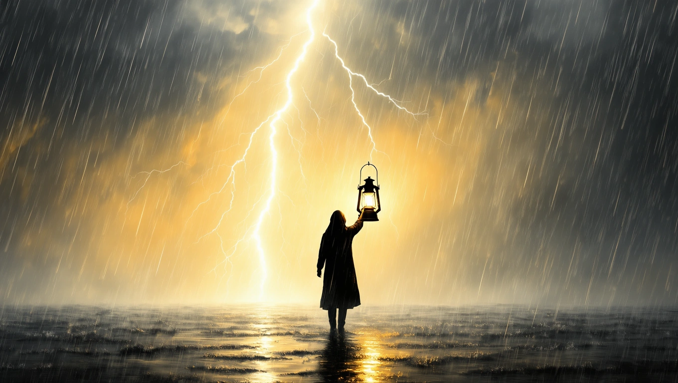 Eine Person mit einer Laterne steht im Regen während eines Sturms.