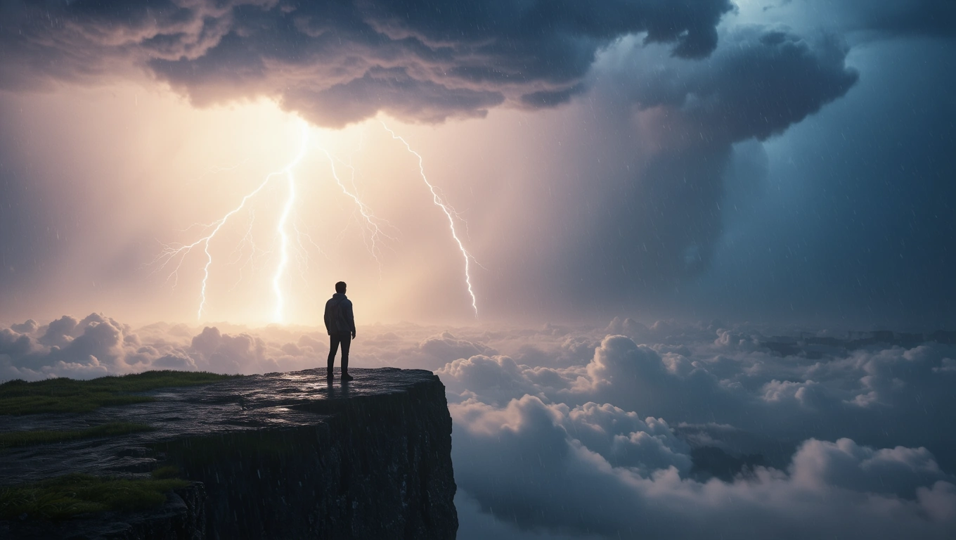 Eine Person steht auf einer Klippe und beobachtet einen Sturm mit Blitzen und dunklen Wolken.