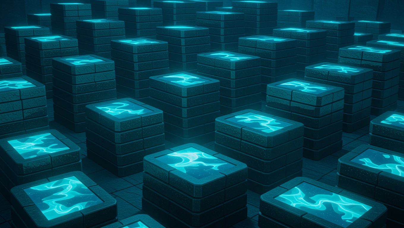 Eine Ansammlung von leuchtenden Tablets in einem dunklen Raum, die geheimnisvoll wirken.