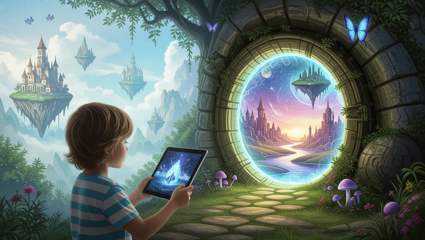 Ein Junge hält ein Tablet und schaut auf eine magische Landschaft durch ein Portal.
