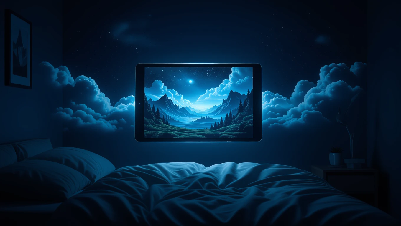Ein Tablet zeigt eine traumhafte Landschaft mit Bergen und Wolken in einem dunklen Raum.