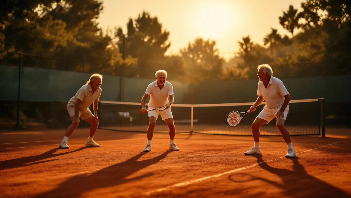 Drei ältere Männer spielen Tennis auf einem Platz bei Sonnenuntergang.