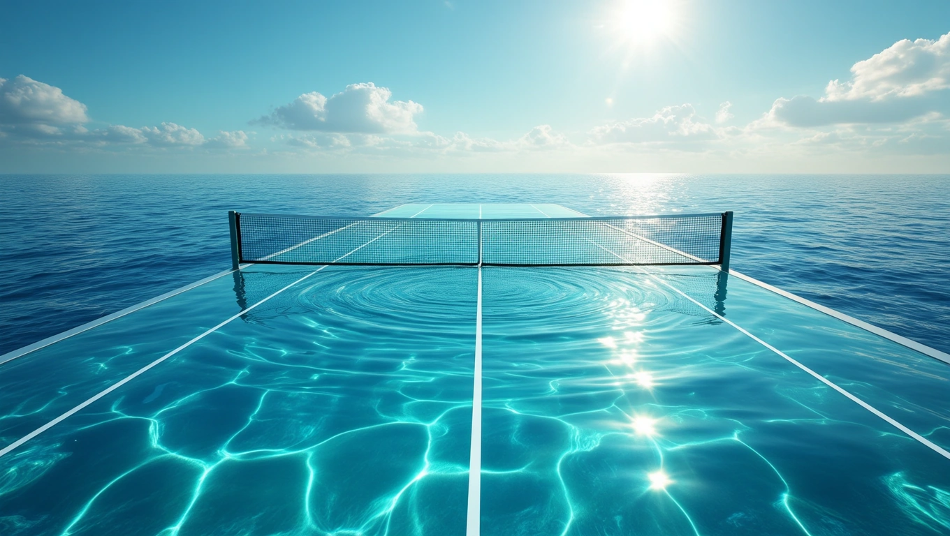 Ein Tennisplatz auf dem Wasser, umgeben von einem klaren blauen Himmel.