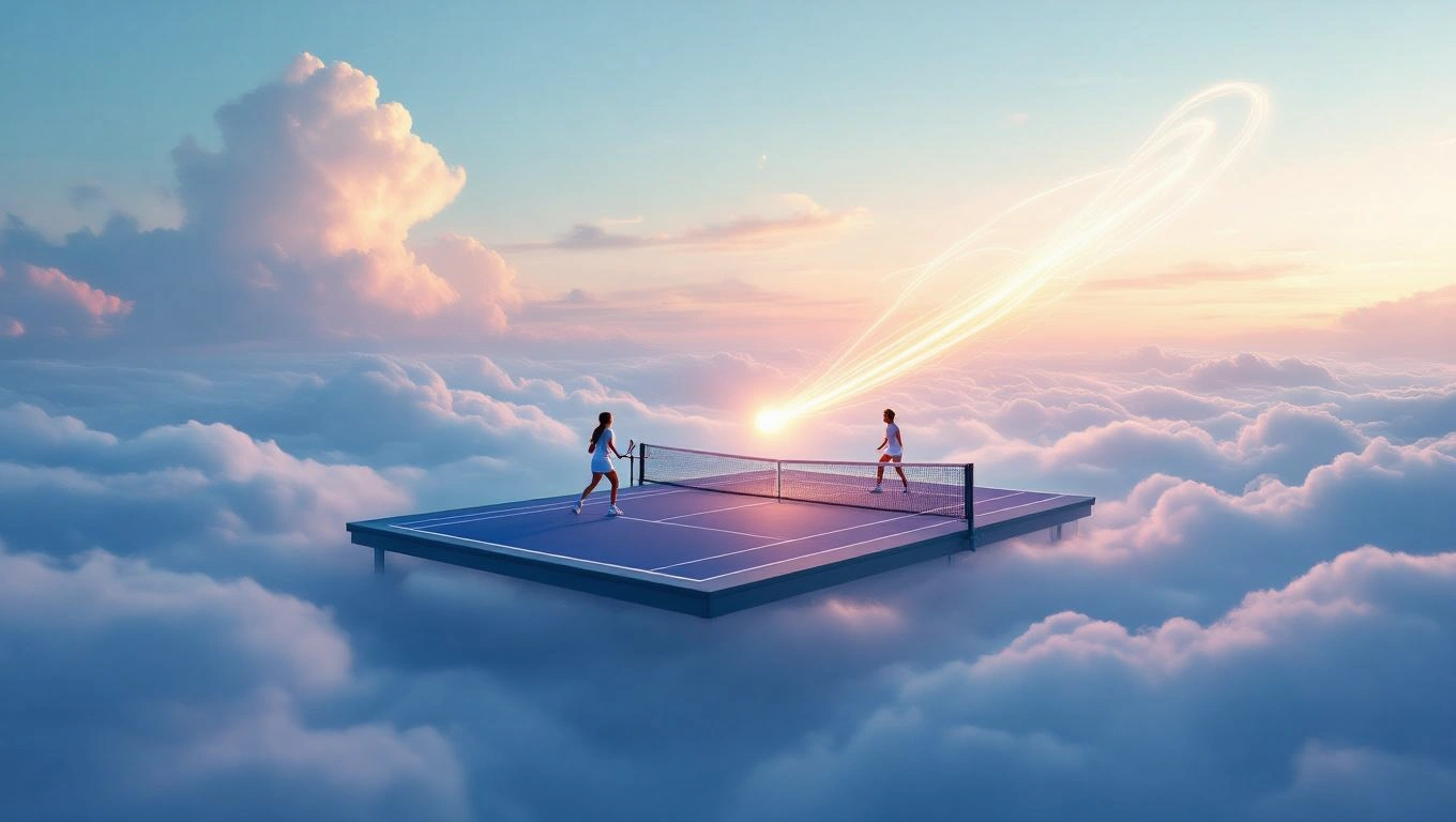 Zwei Tennisspieler auf einem Platz aus Wolken, mit einem Ball im Spiel.