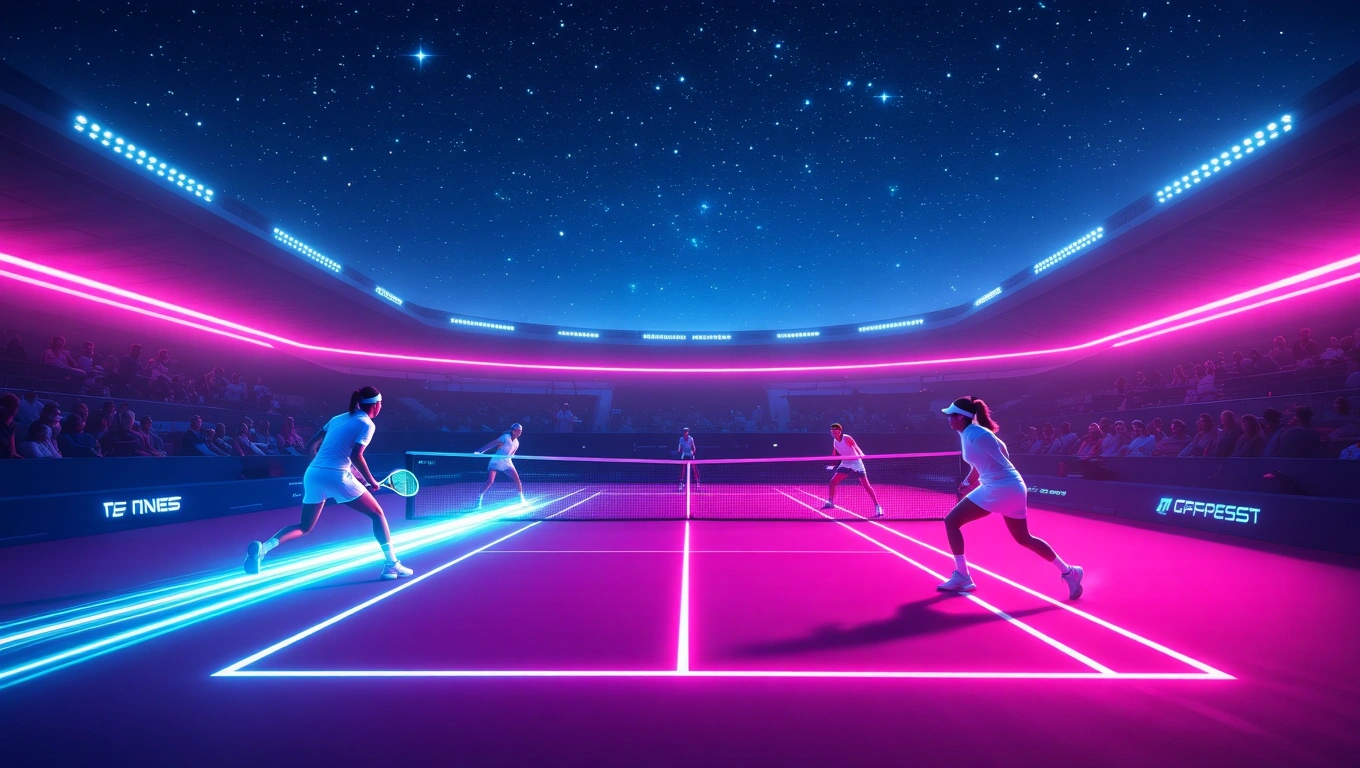 Ein Tennis-Match unter einem sternenklaren Himmel mit leuchtenden Linien.