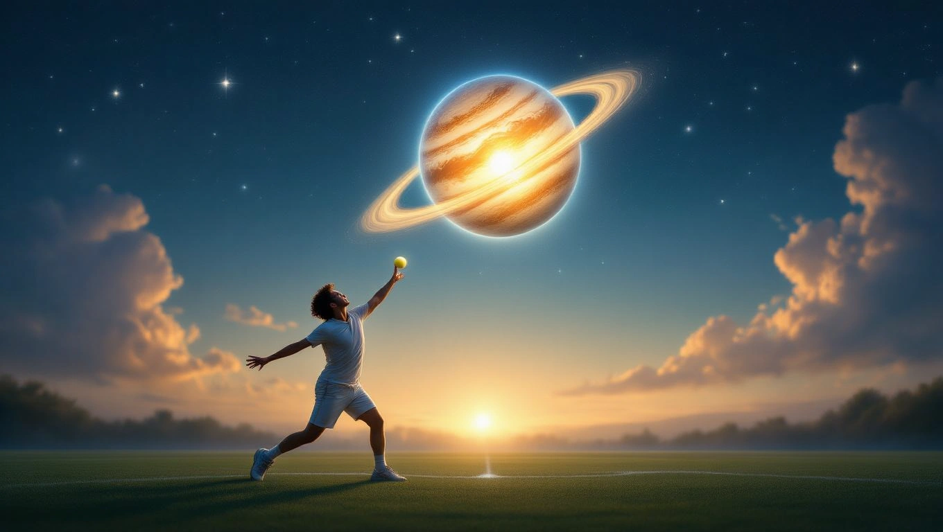 Ein Tennisspieler, der einen Ball in den Himmel wirft, während ein Planet im Hintergrund leuchtet.