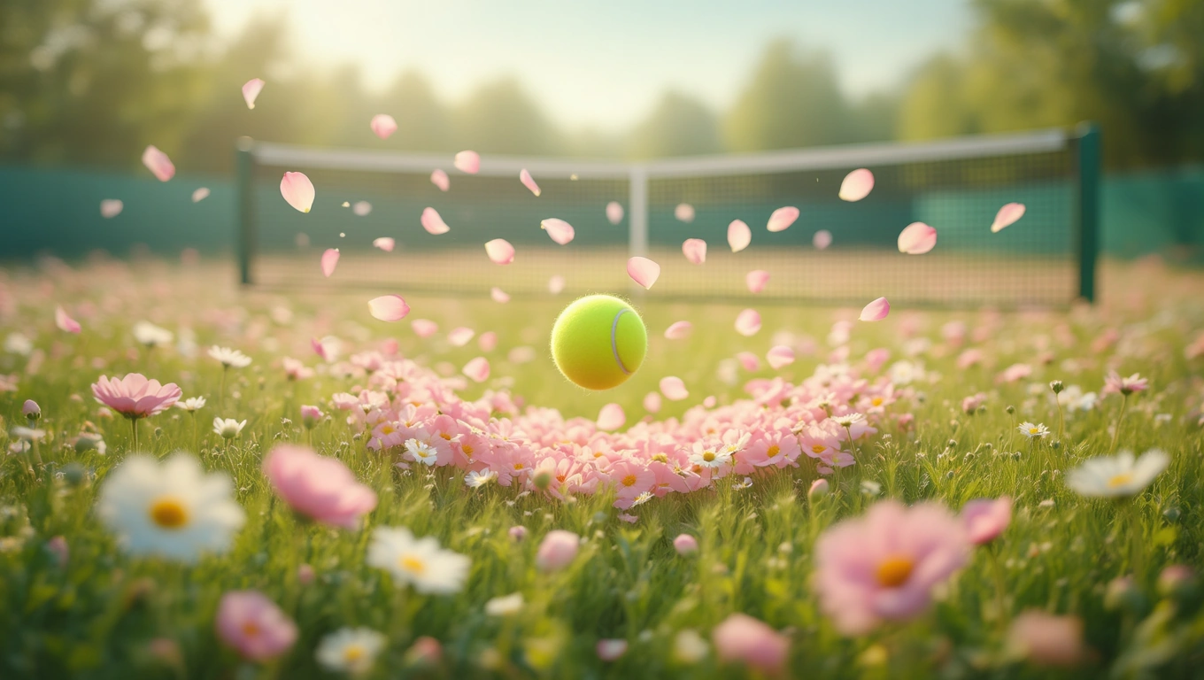 Ein Tennisball schwebt über einer blühenden Wiese mit Blumen und Blütenblättern.