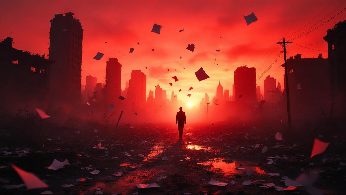Eine einsame Figur steht in einer zerstörten Stadtlandschaft bei Sonnenuntergang.