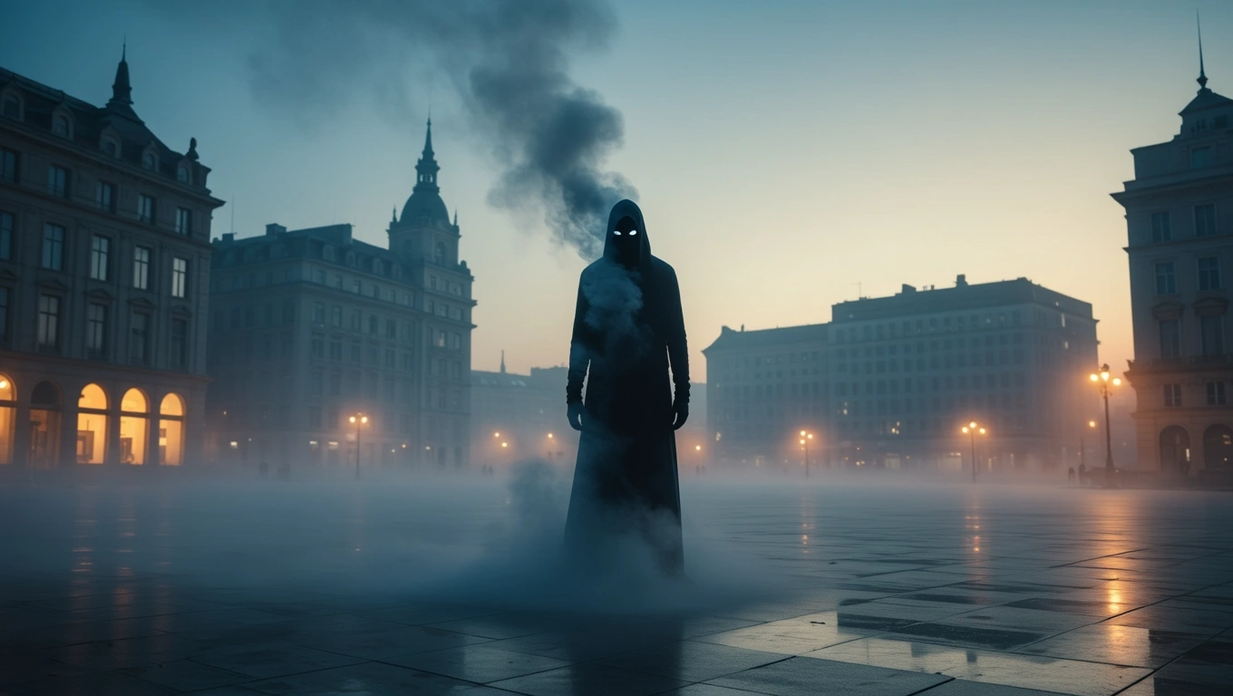 Eine geheimnisvolle Gestalt in einem dunklen Umhang steht in einer nebligen Stadtlandschaft.