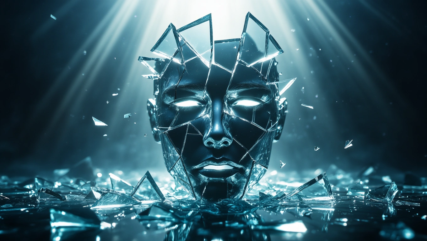 Ein zerbrochenes, gläsernes Gesicht, das innere Konflikte symbolisiert.