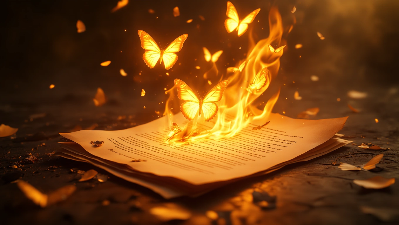 Ein brennendes Blatt Papier mit fliegenden Schmetterlingen, symbolisiert innere Konflikte.