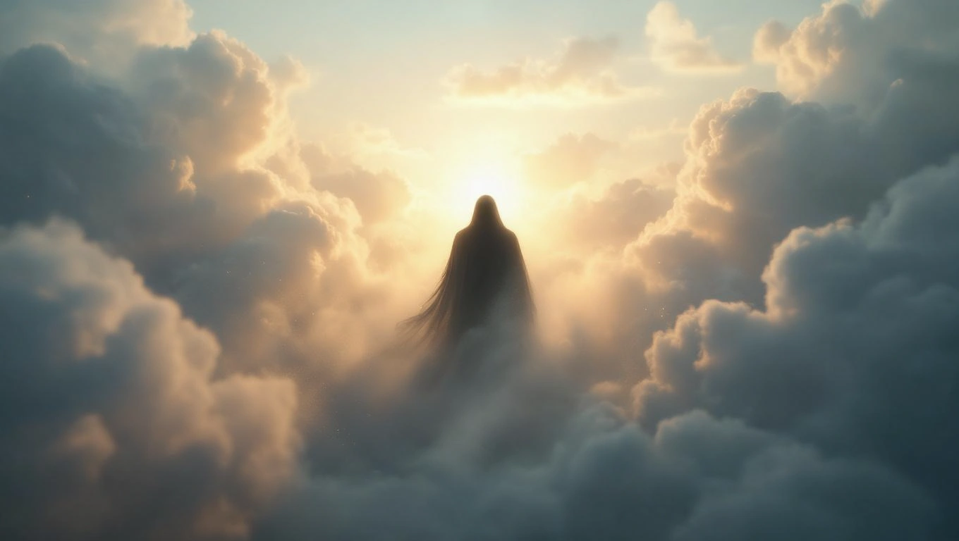 Eine mysteriöse Gestalt schwebt in den Wolken, umgeben von Licht.
