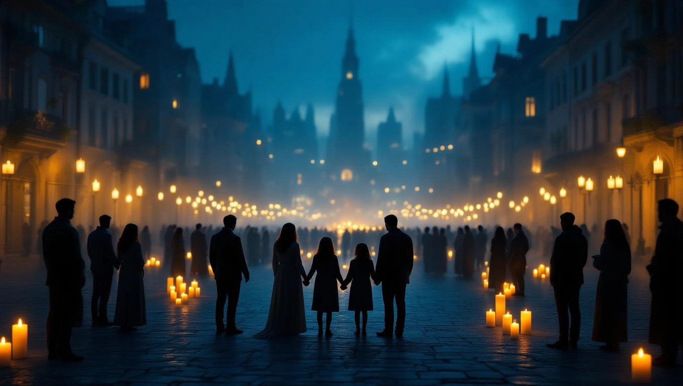 Eine Gruppe von Menschen steht in einer nebligen Stadt bei Kerzenlicht.