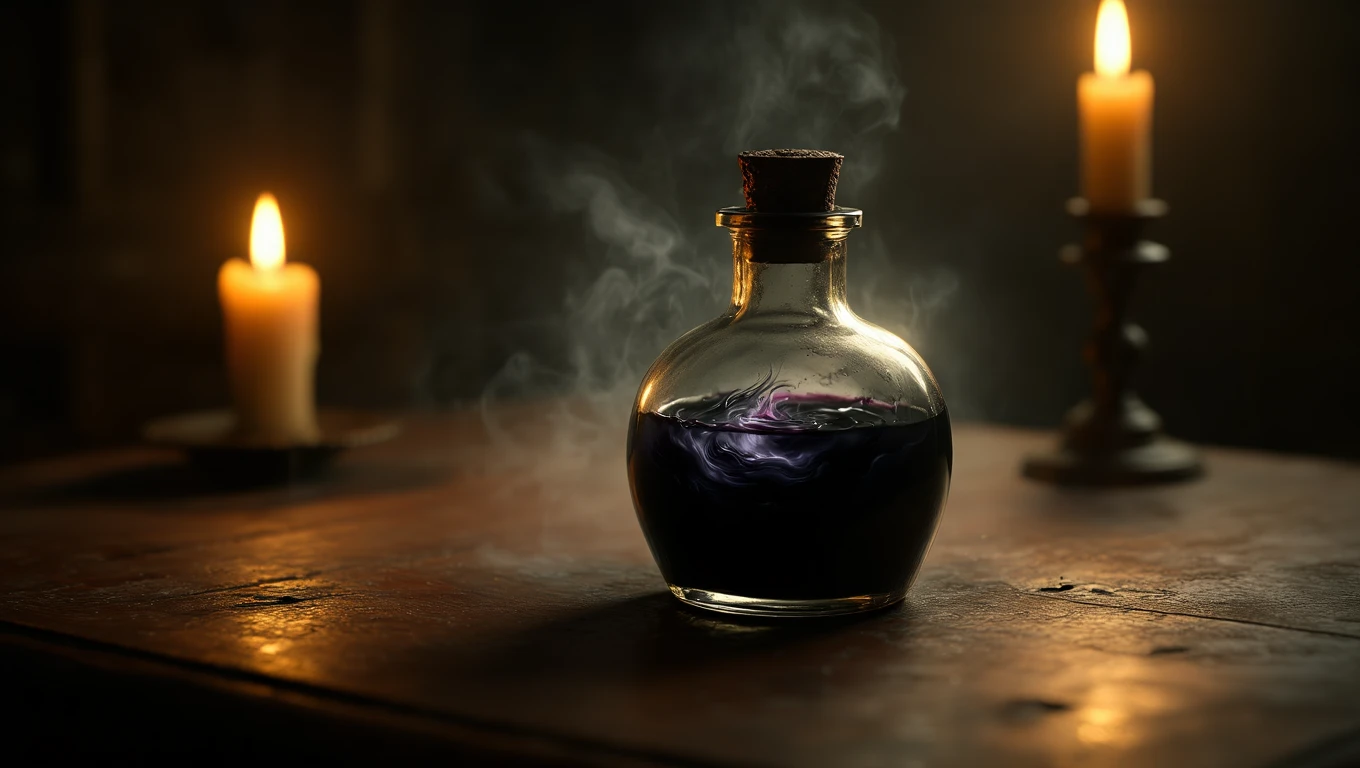 Ein Tintenfass mit lila Tinte, umgeben von Kerzenlicht und Rauch.