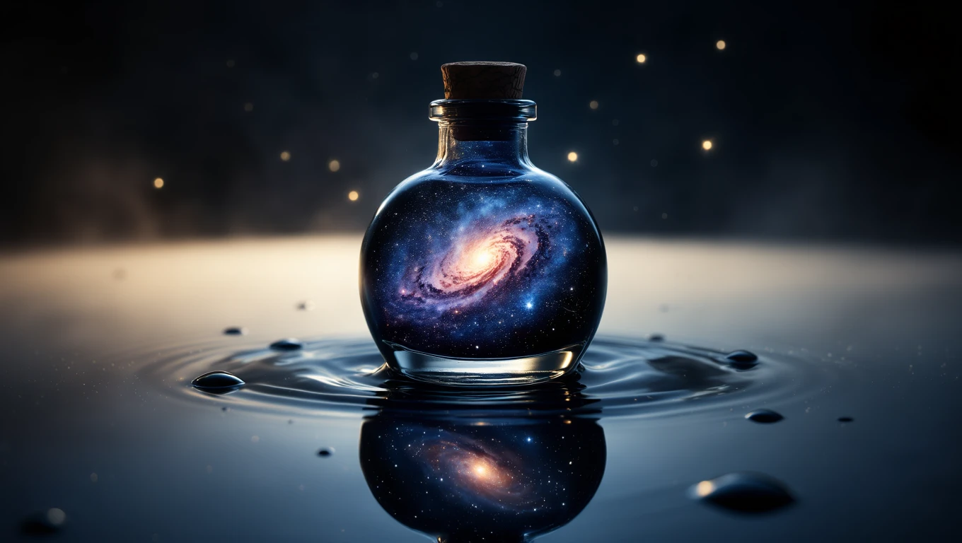 Ein Tintenfass mit einer Galaxie im Inneren, das auf Wasser schwimmt.
