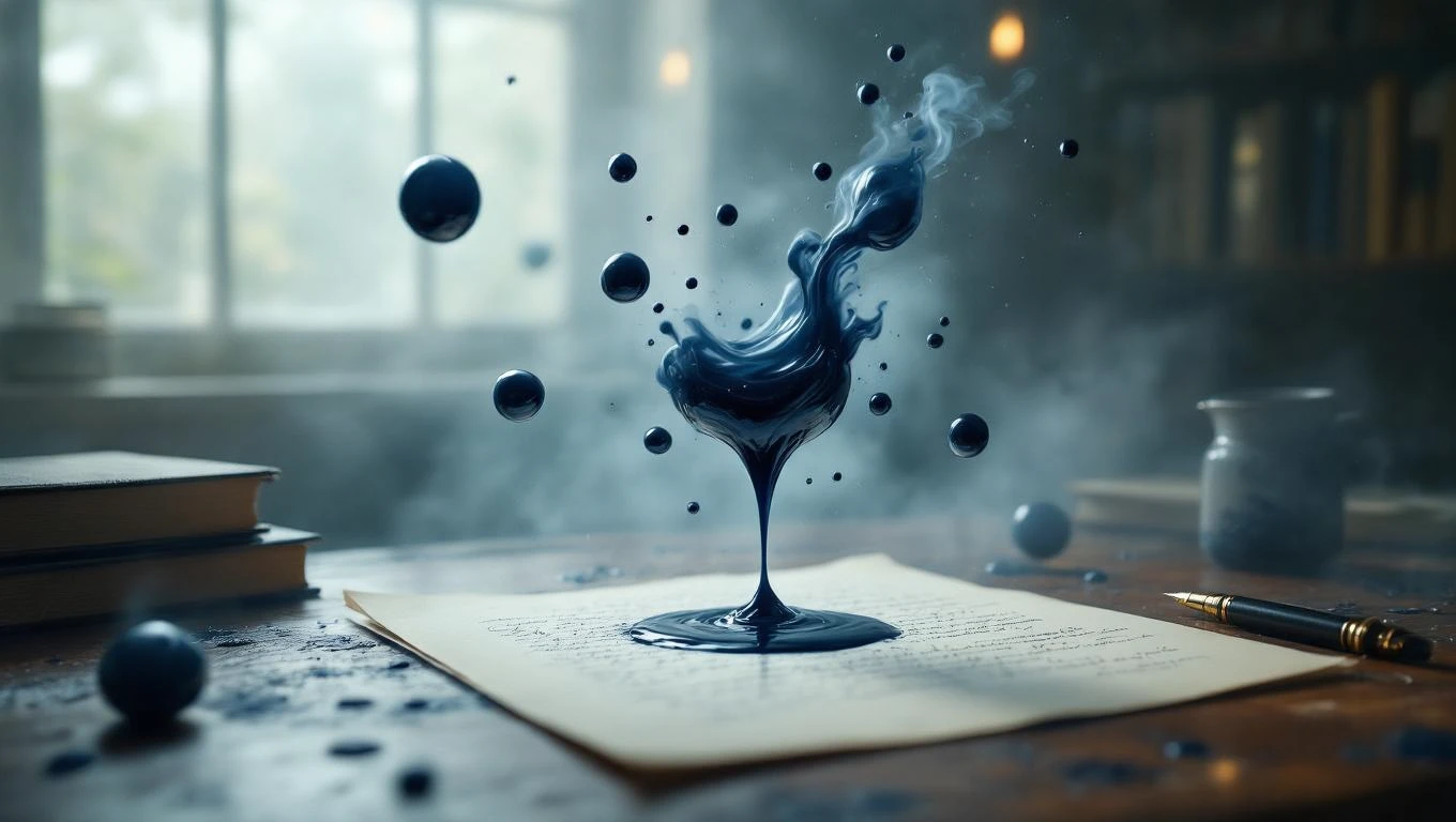 Ein Tintenfleck schwebt über einem Blatt Papier, umgeben von blauen Tintentröpfchen.