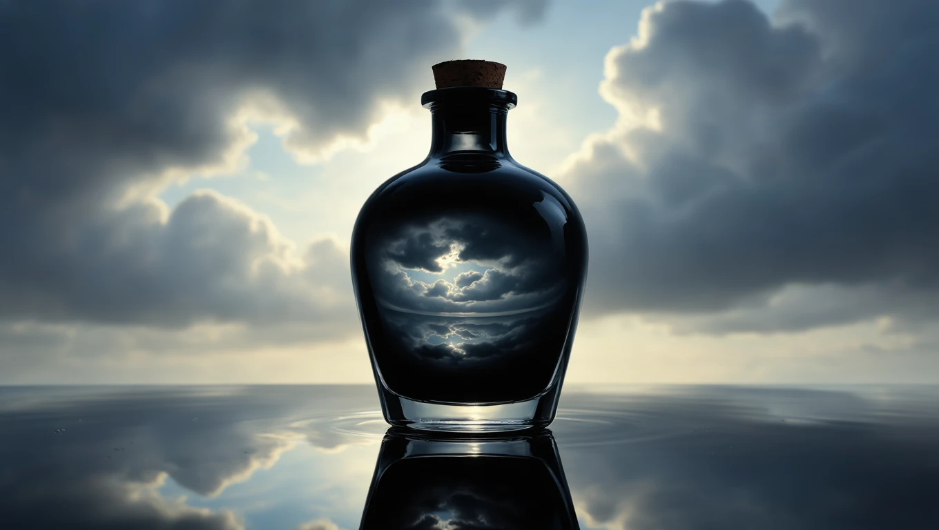 Ein elegantes Tintenfass reflektiert dramatische Wolken im Hintergrund.