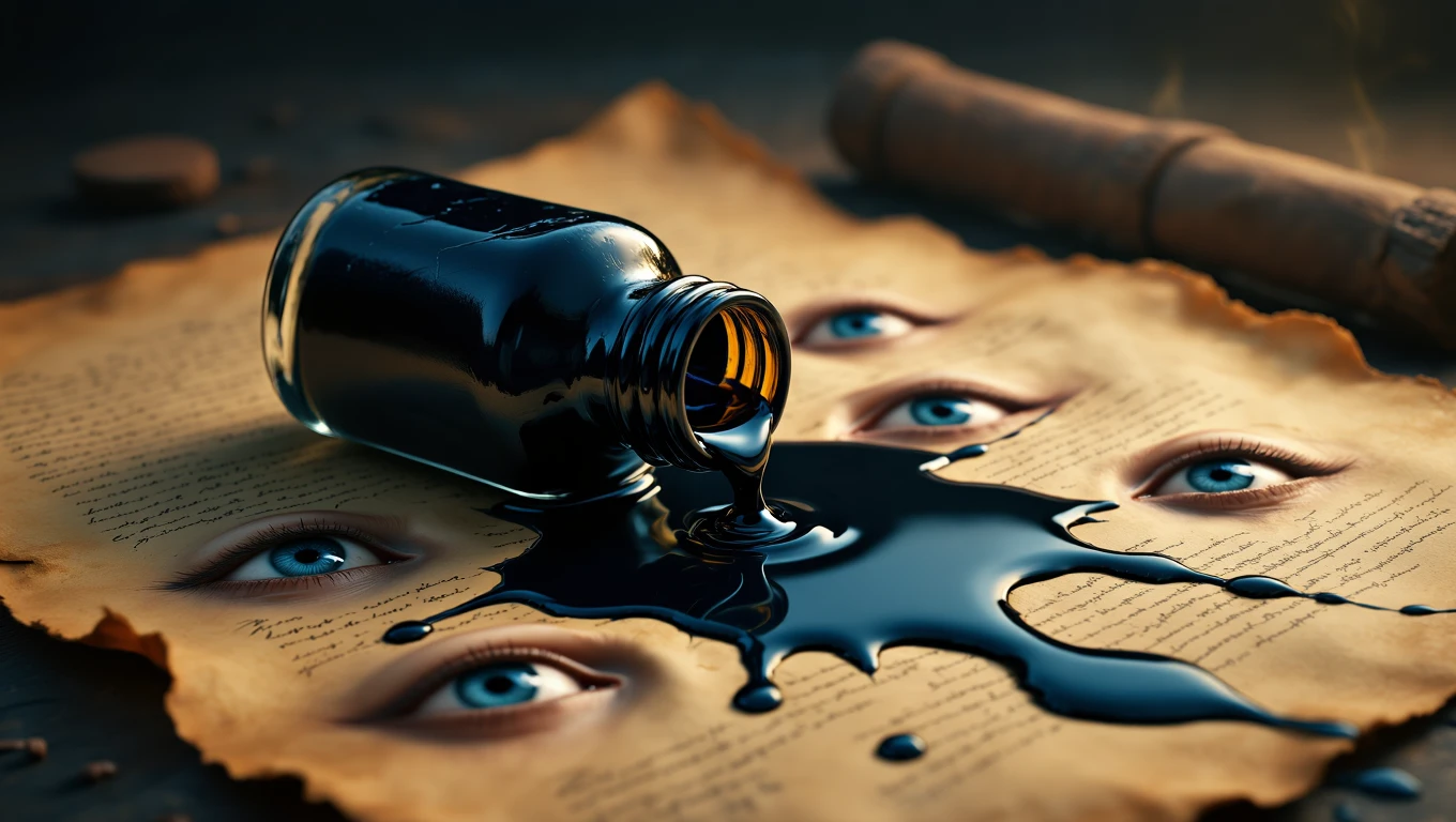 Ein Tintenfass, aus dem schwarze Tinte auf ein altes Blatt mit Augen fließt.