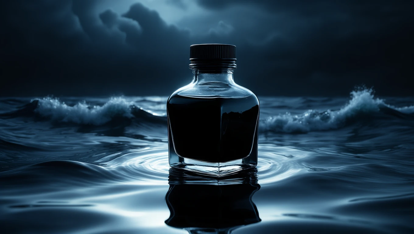 Ein Tintenfass steht auf der Wasseroberfläche, umgeben von dunklen Wolken.