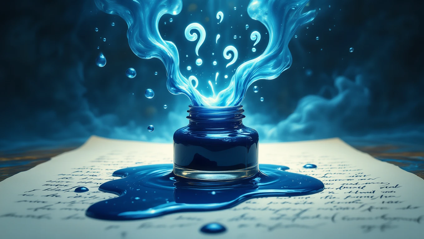 Ein Tintenfass mit blauer Tinte, aus dem Fragen aufsteigen, auf einem beschrifteten Blatt.