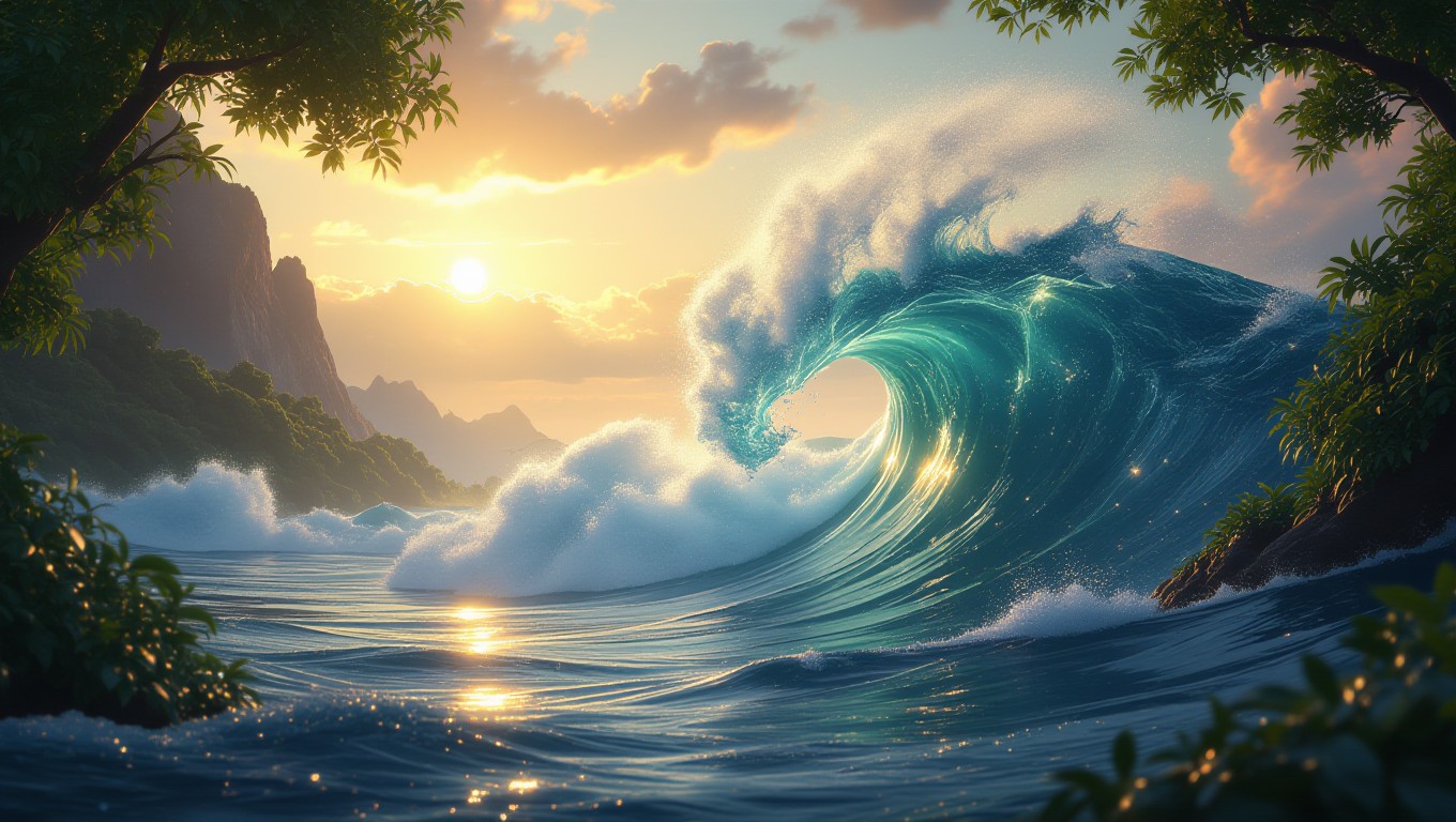 Eine majestätische Welle bricht an einem ruhigen Strand bei Sonnenuntergang.