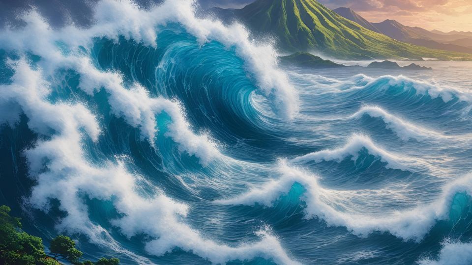 Ein gewaltiger Tsunami rollt auf eine Küste zu, umgeben von Bergen und dramatischem Himmel.