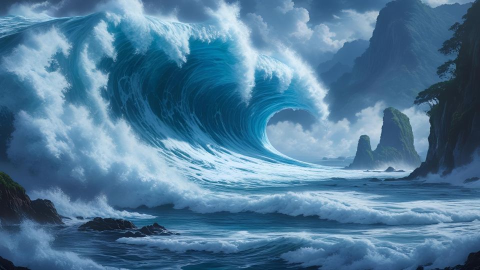 Ein gewaltiger Tsunami rollt auf eine felsige Küste zu, umgeben von dramatischen Wolken.