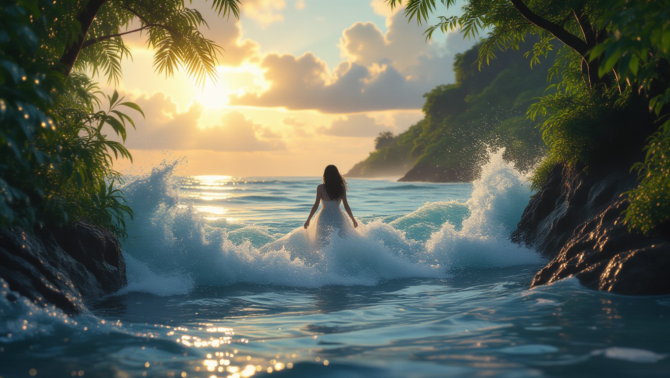 Eine Frau steht am Strand, während Wellen gegen die Felsen schlagen, symbolisch für einen Tsunami-Traum.