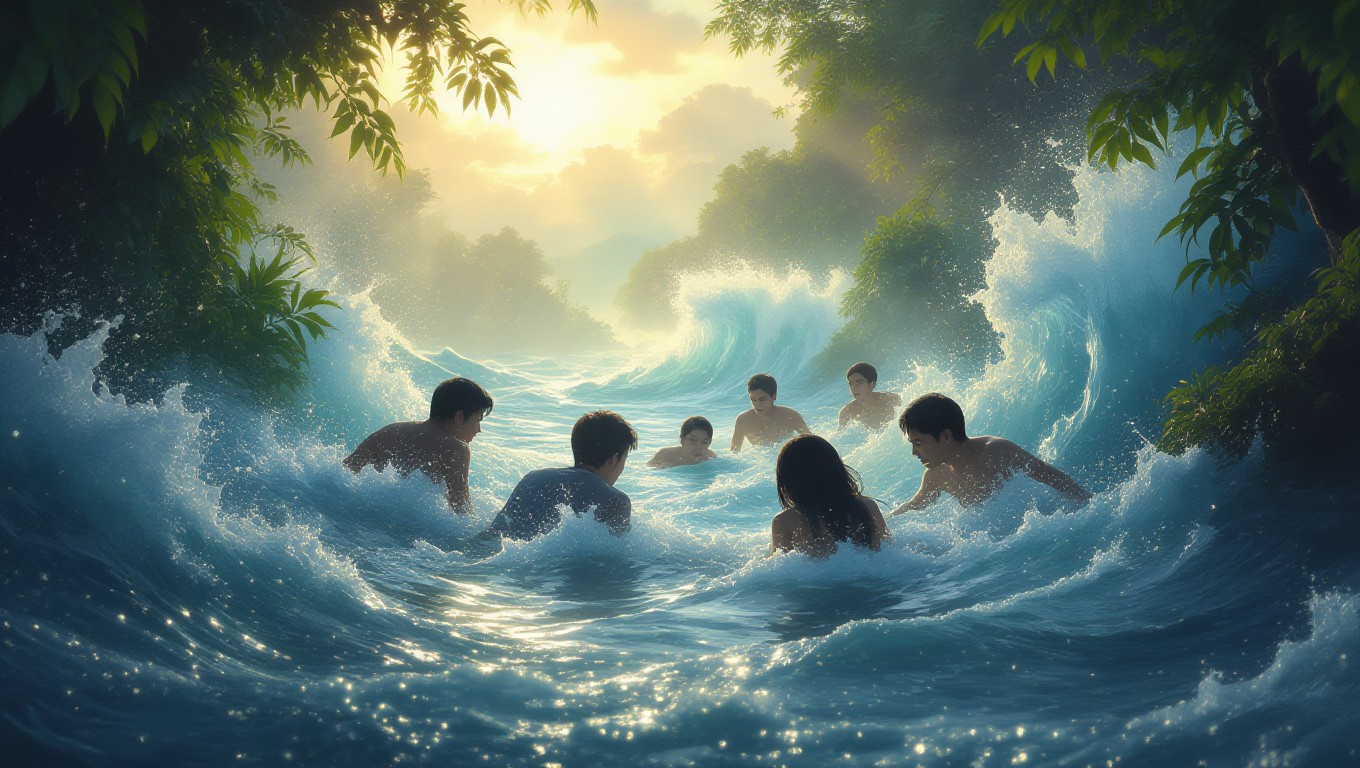 Eine Gruppe von Menschen wird von hohen Wellen in einem Traum überflutet.