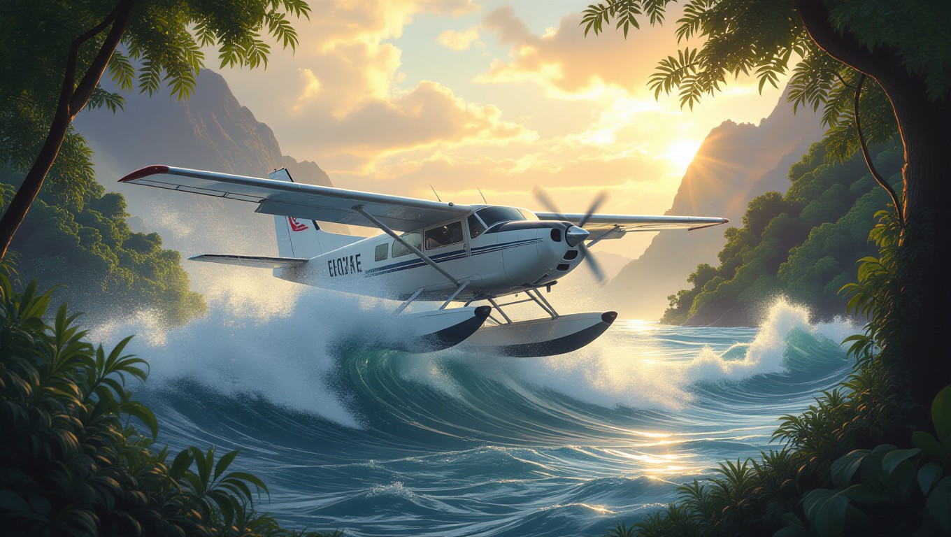 Ein Wasserflugzeug fliegt über hohe Wellen, die von einem Tsunami stammen.