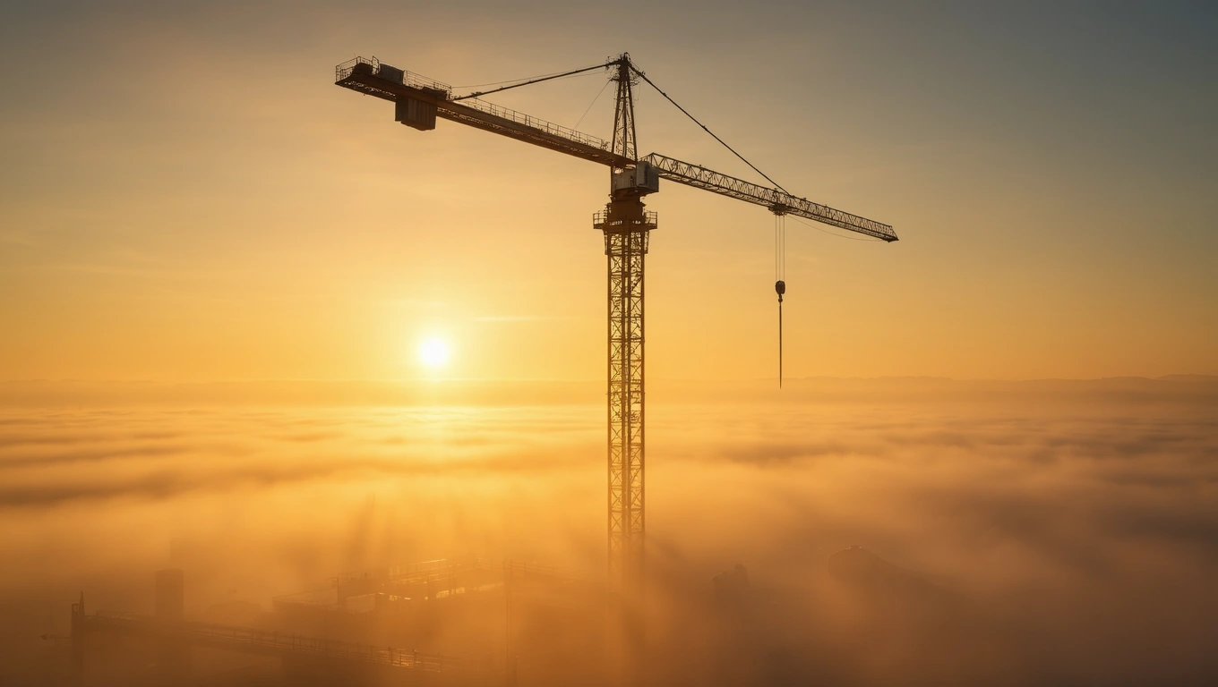 Ein Turmdrehkran erhebt sich majestätisch über neblige Landschaften bei Sonnenaufgang.