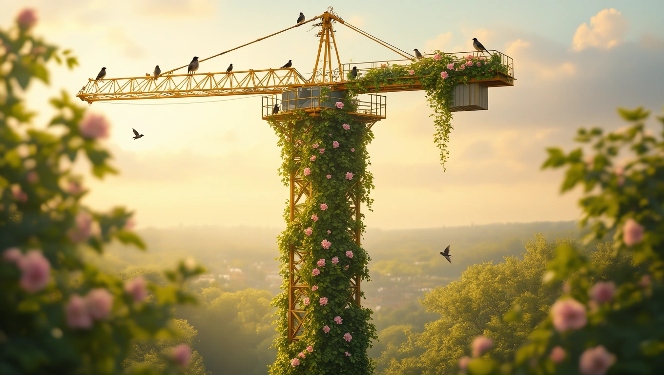 Ein Turmdrehkran, umgeben von Blumen und Vögeln, symbolisiert Wachstum und Veränderung.
