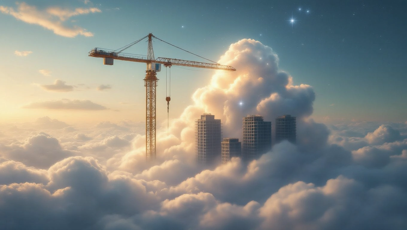 Ein Turmdrehkran schwebt über Wolken und Gebäuden, symbolisiert Transformation.