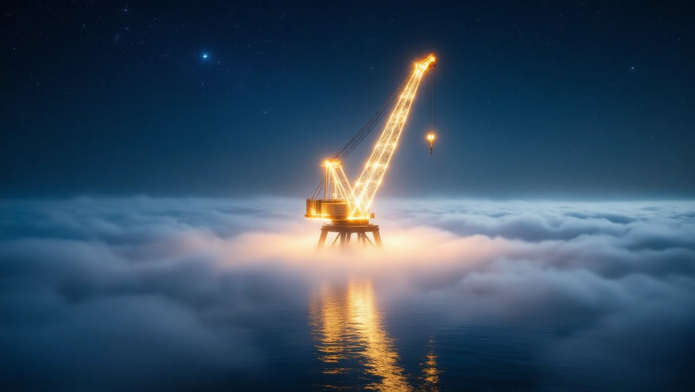 Ein leuchtender Turmdrehkran schwebt über nebligem Wasser unter einem sternenklaren Himmel.