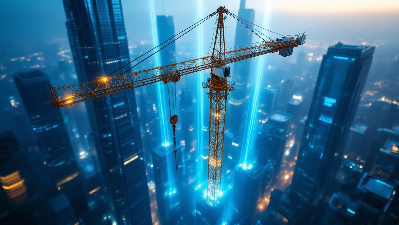 Ein Turmdrehkran über einer urbanen Landschaft bei Nacht, beleuchtet von blauen Lichtern.