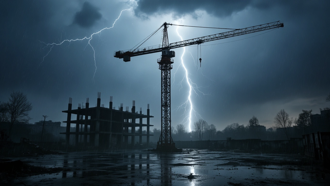 Ein Turmdrehkran steht in einem regnerischen, stürmischen Umfeld mit Blitzen.