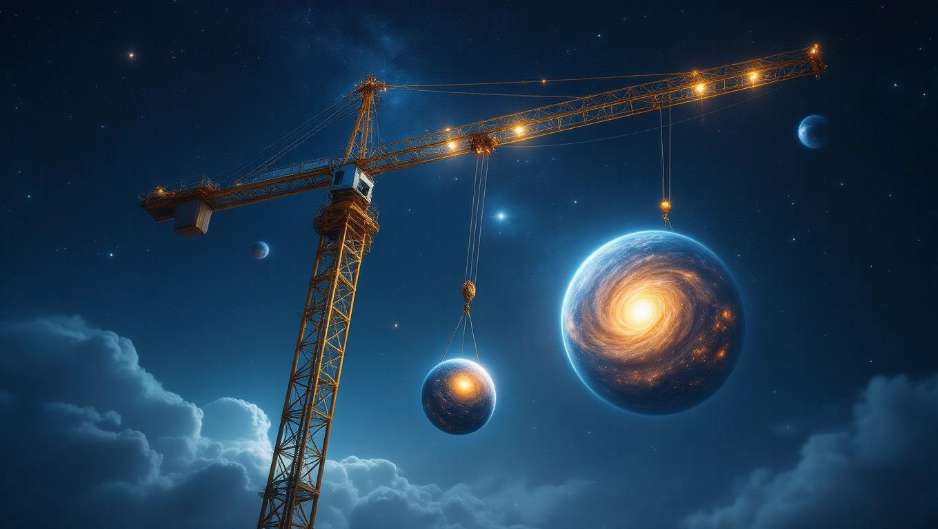 Ein Turmdrehkran hebt Planeten in einer traumhaften, nächtlichen Szenerie.
