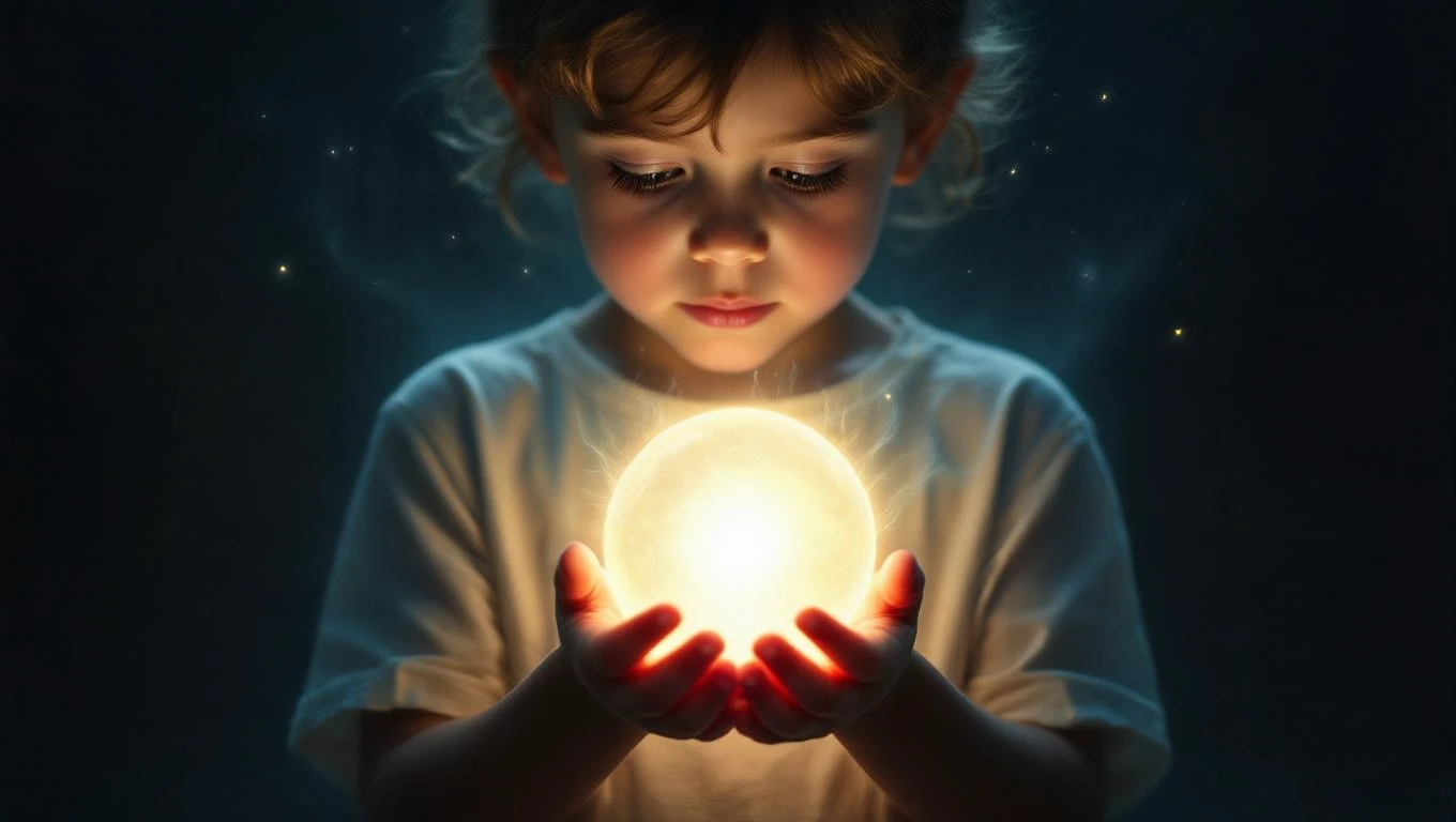 Ein Kind hält eine leuchtende Kugel in den Händen, umgeben von Dunkelheit.
