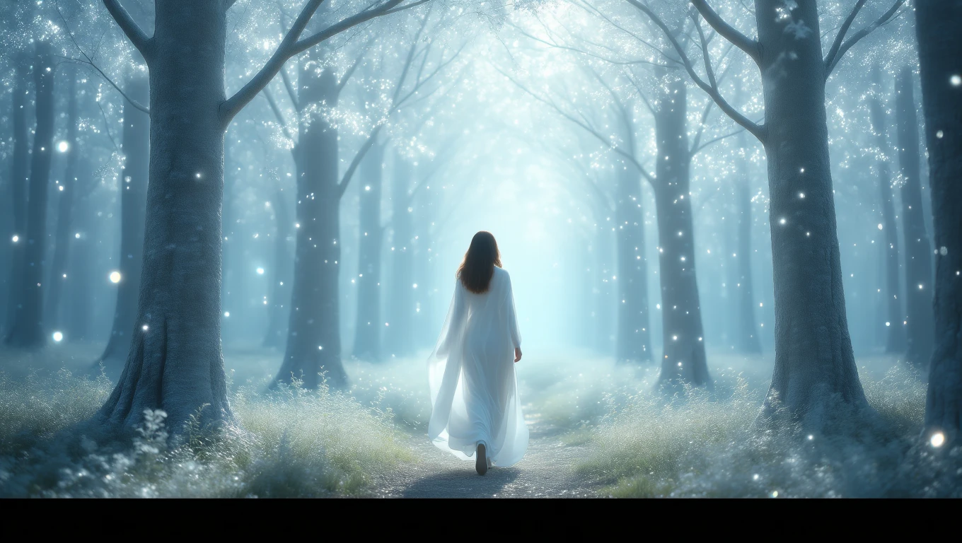 Eine Frau in einem weißen Kleid geht durch einen mystischen Wald mit sanftem Licht.