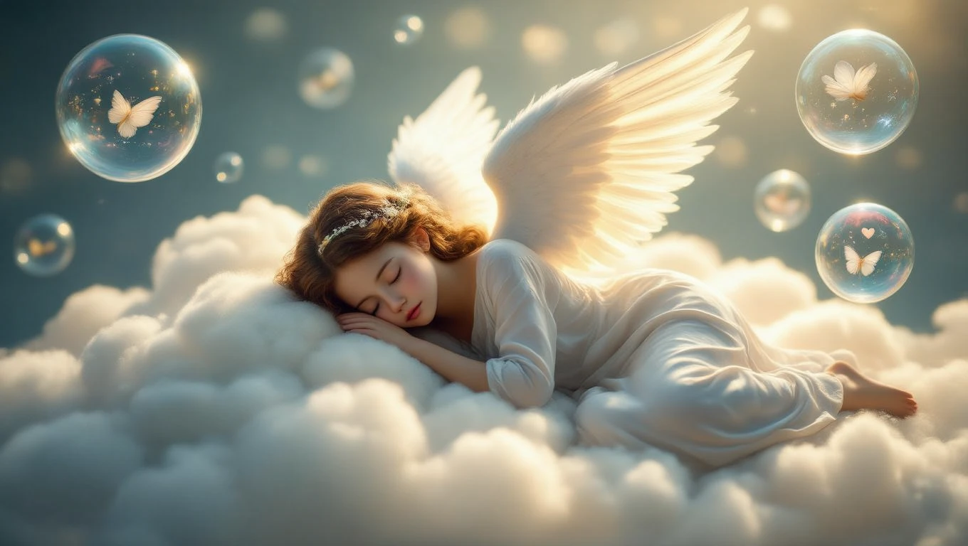 Ein schlafendes Mädchen mit Engelsflügeln auf Wolken, umgeben von Seifenblasen und Schmetterlingen.
