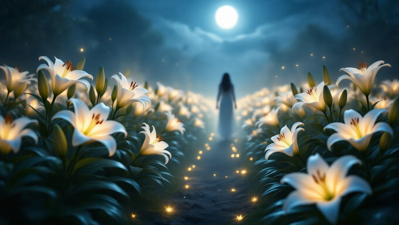 Eine geheimnisvolle Frau in einem blühenden Lilienfeld unter dem Mondlicht.