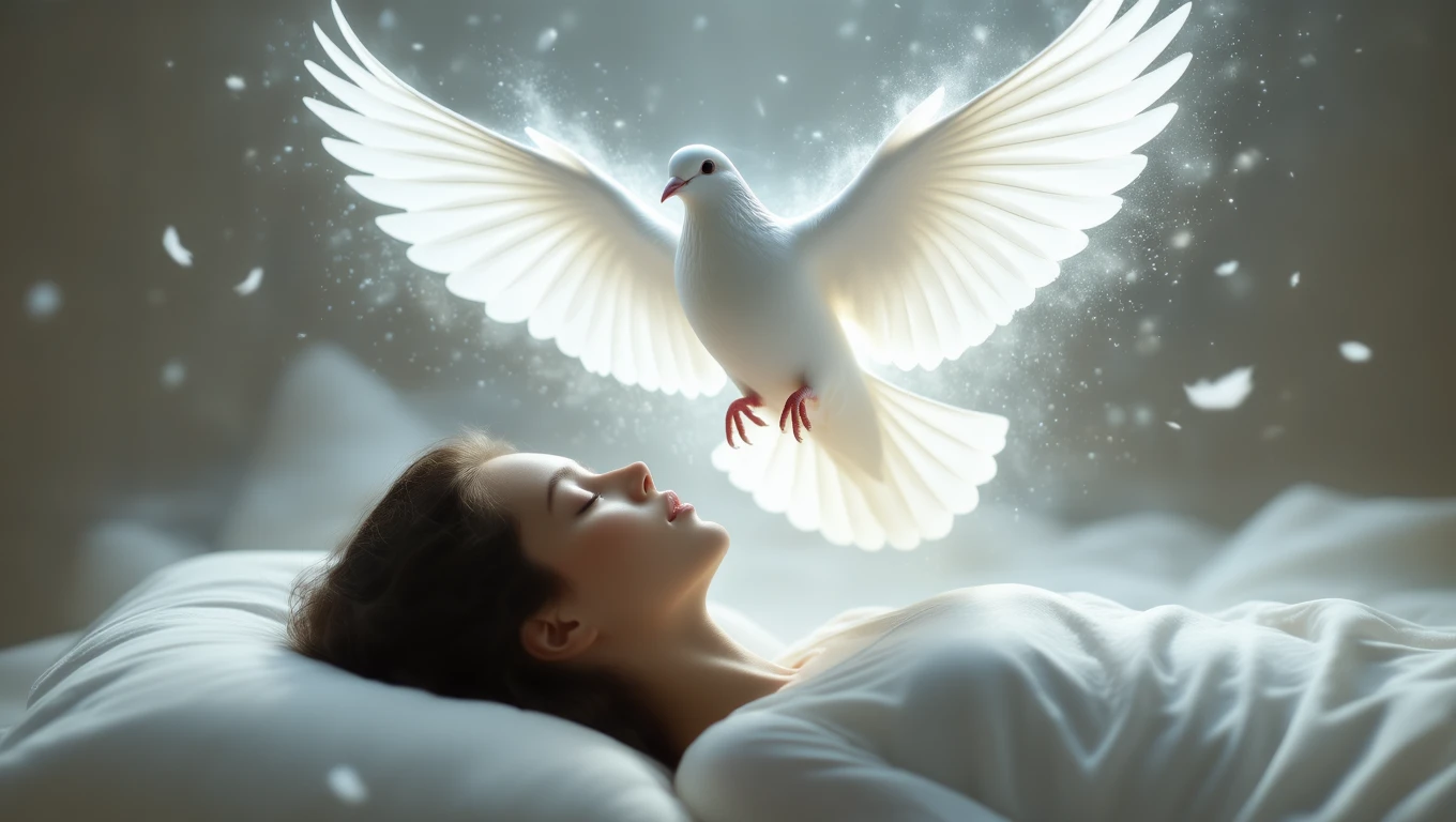 Eine schlafende Frau mit einer leuchtenden Taube über ihr, symbolisiert Unschuld.