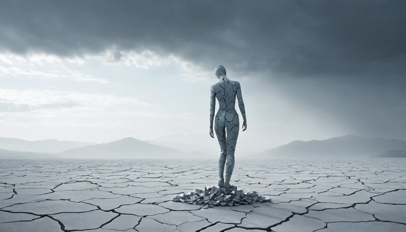 Eine zerbrochene Figur steht einsam in einer kargen Landschaft.