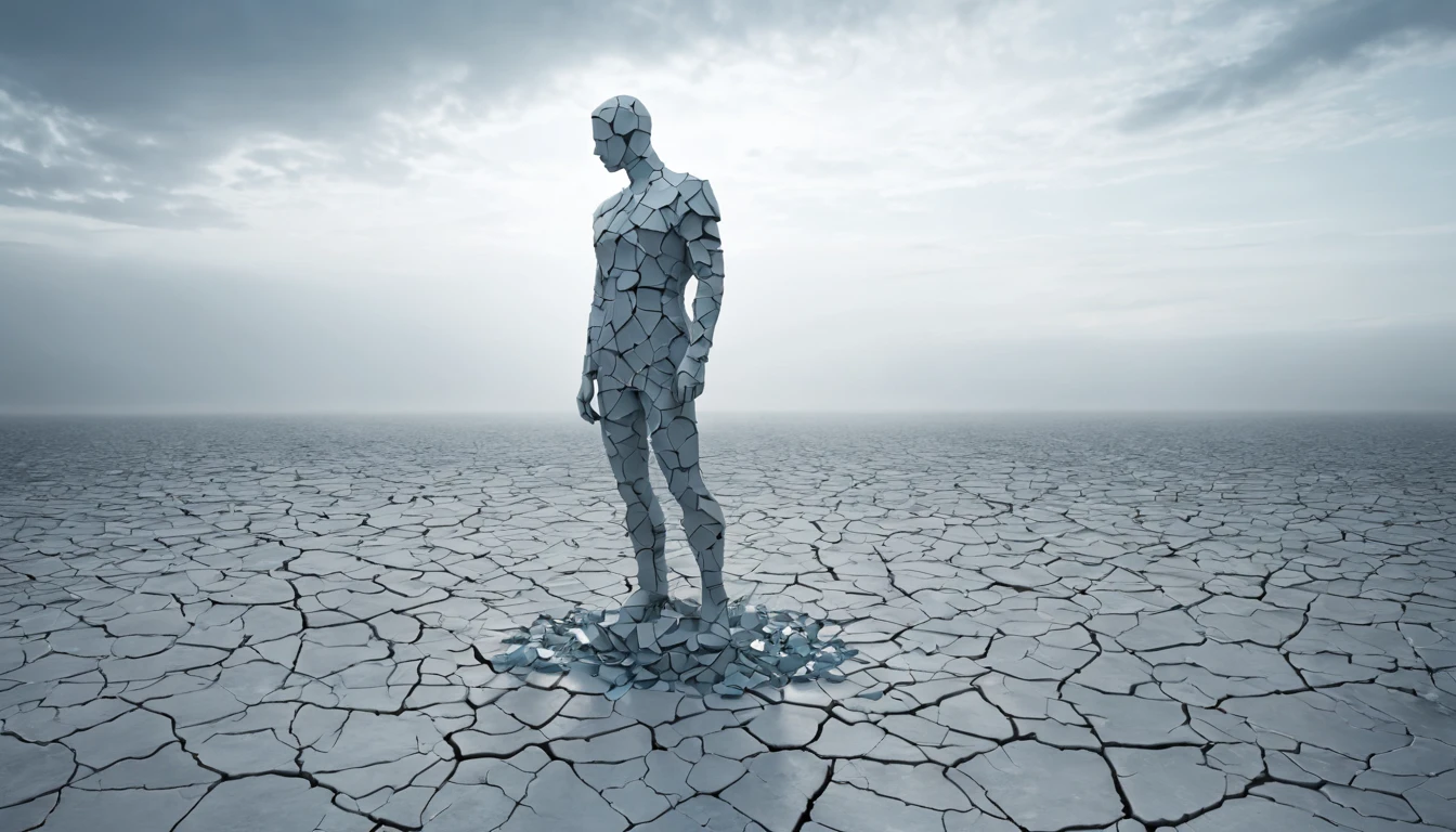 Eine zerbrochene menschliche Figur steht in einer trockenen, rissigen Landschaft.
