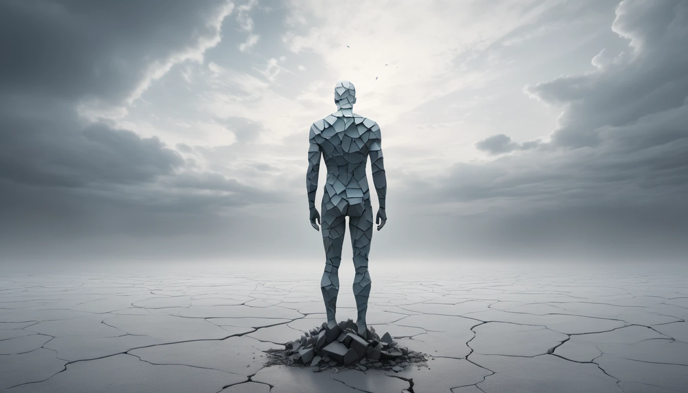 Eine stilisierte, zerbrochene menschliche Figur steht in einer kargen Landschaft.