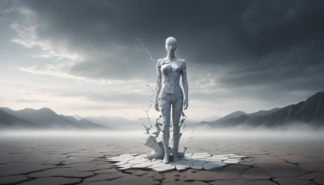 Eine zerbrochene Figur steht in einer kargen Landschaft, symbolisiert innere Konflikte.