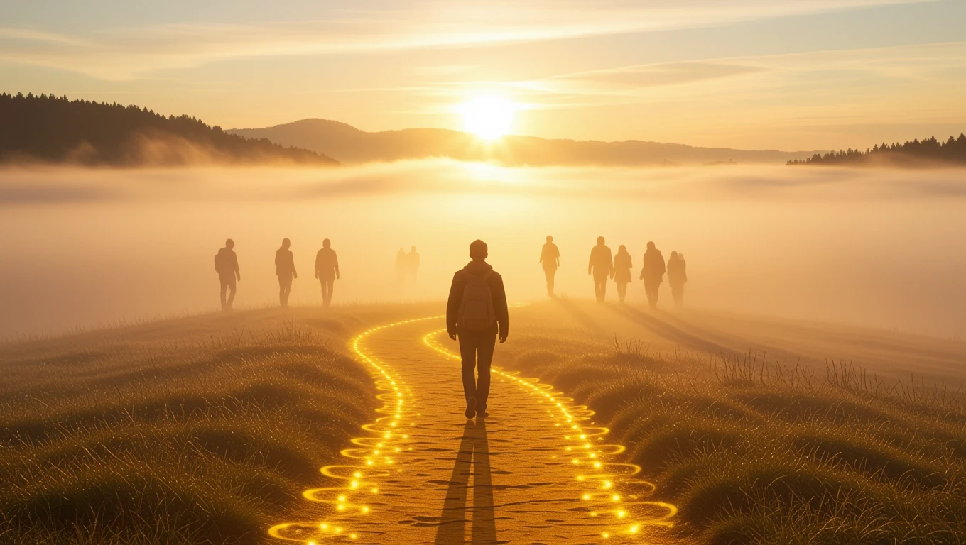 Eine Person geht einen leuchtenden Pfad in der Morgendämmerung entlang, umgeben von Nebel.